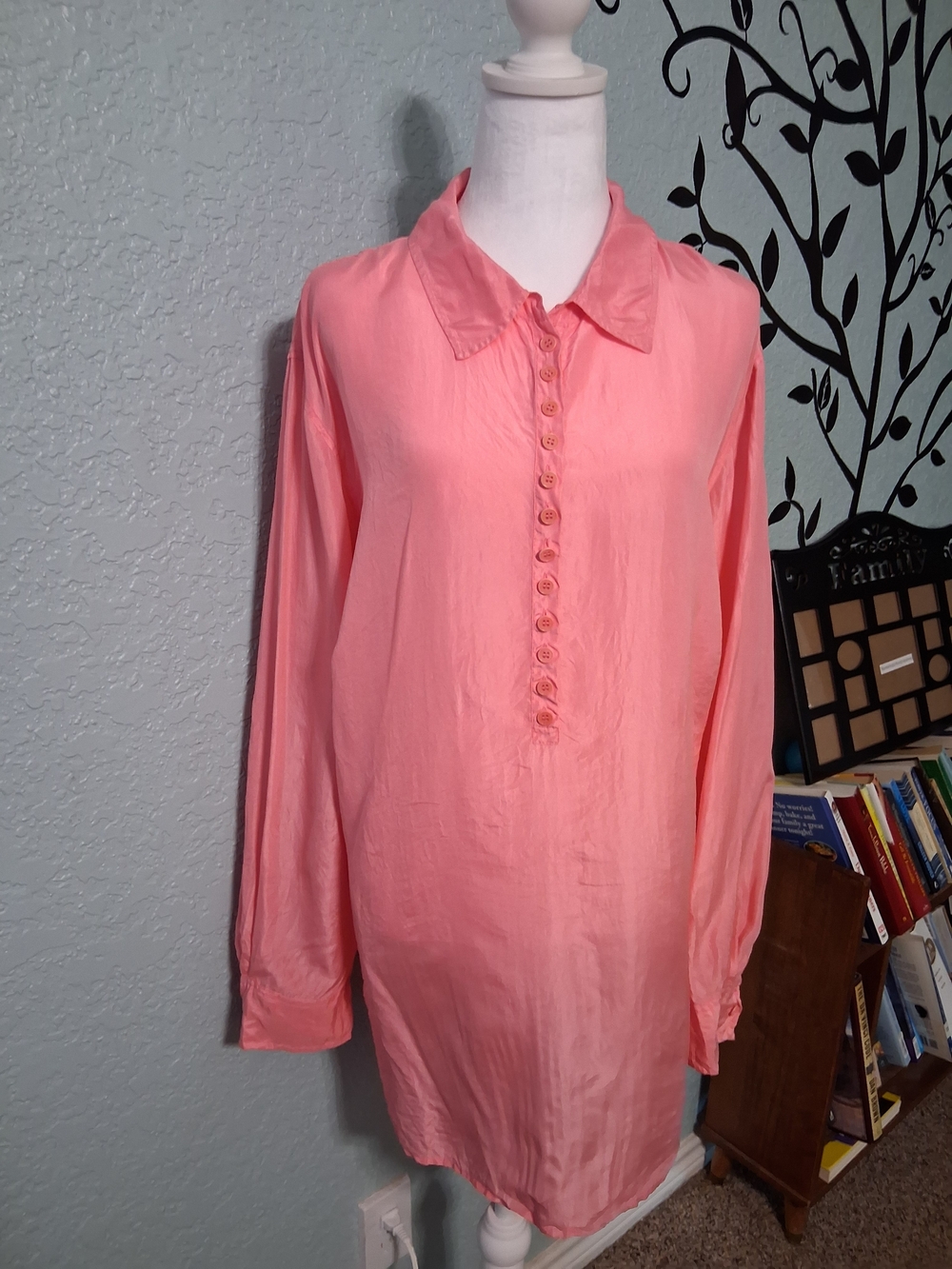 Talbots Coral-Pink Long Sleeve Button-Down Tunic 100% Silk